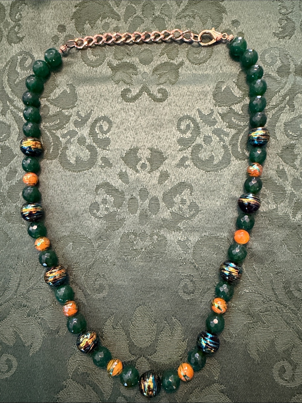 Handcrafted Green Bead Necklace with Orange Accent Beads - 22”